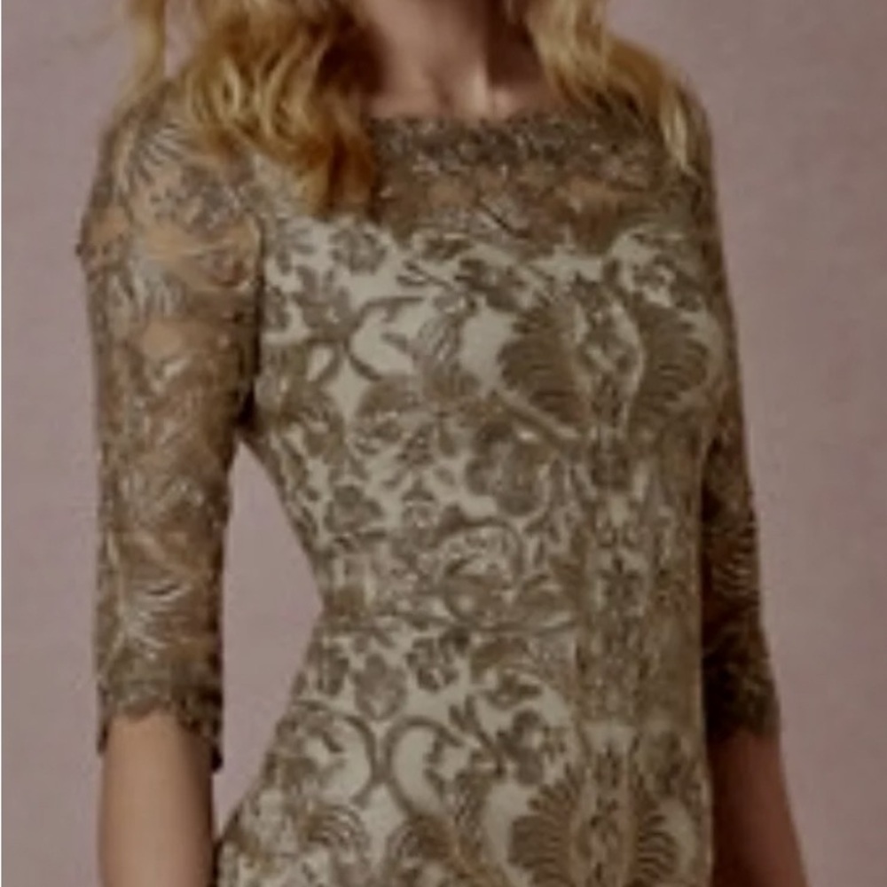 Tadashi Shoji Elegant Gold and Cream Long Sleeve Dress